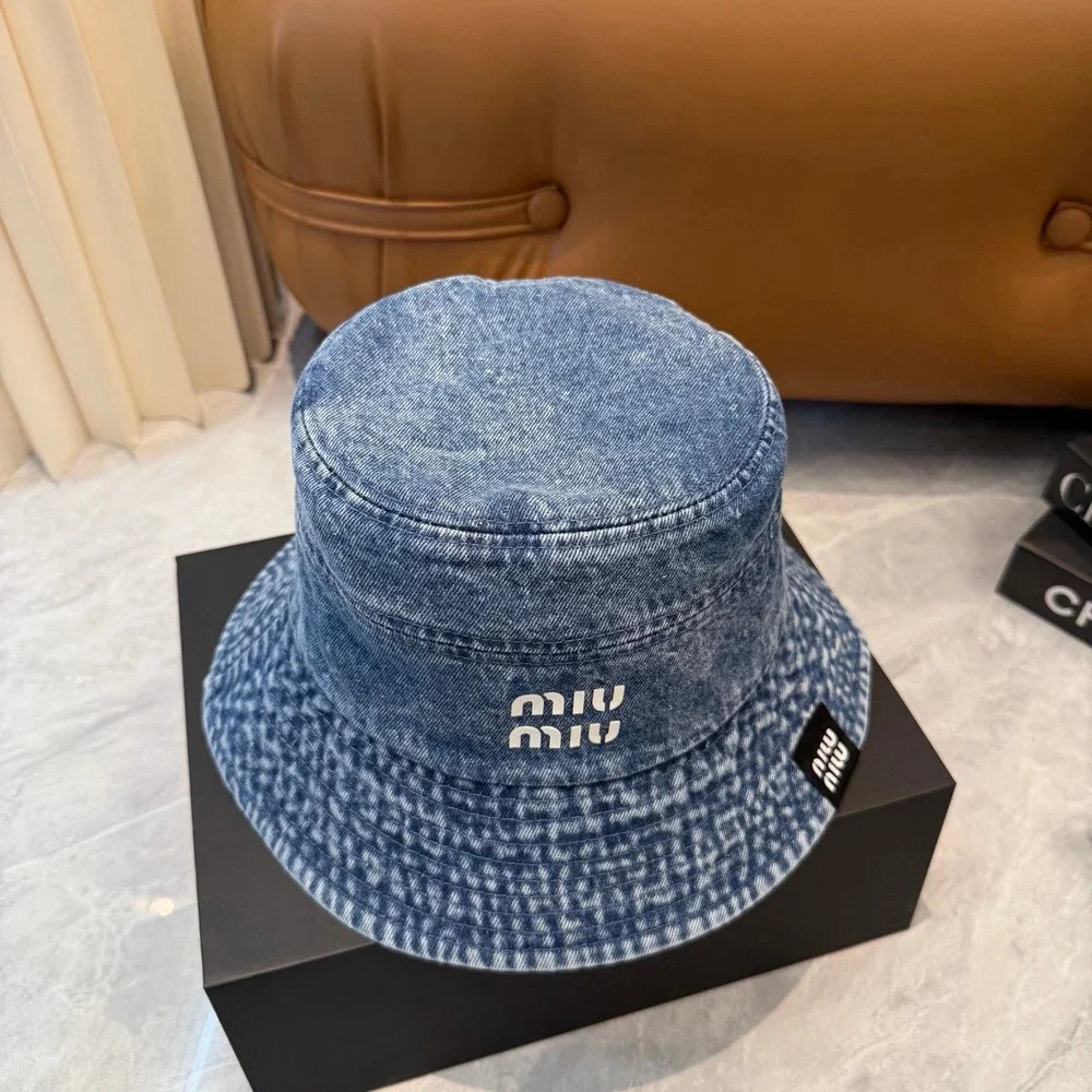 Miu Miu Washed Blue Denim White Logo Bucket Hat